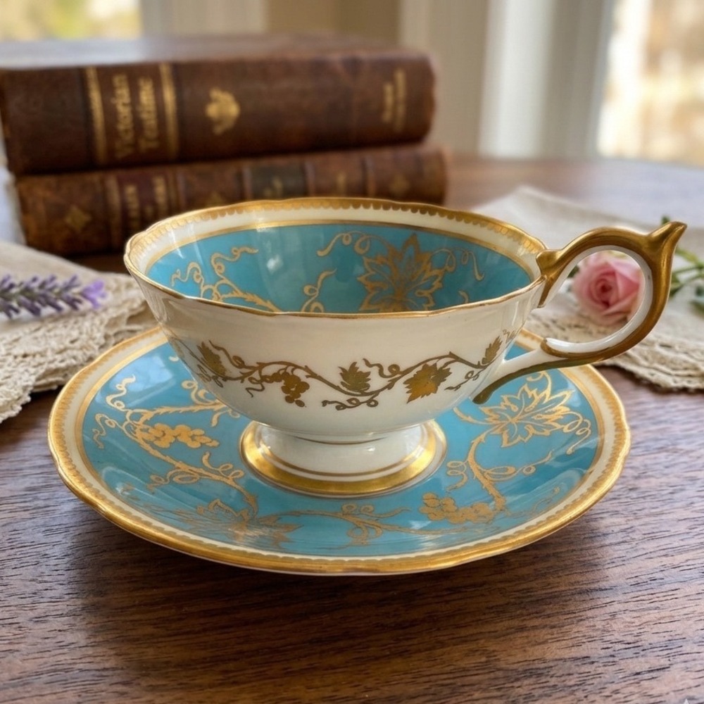 Vintage Aynsley England Bone China‎ Teacup Saucer Turquoise Gold Gilt Grapevine